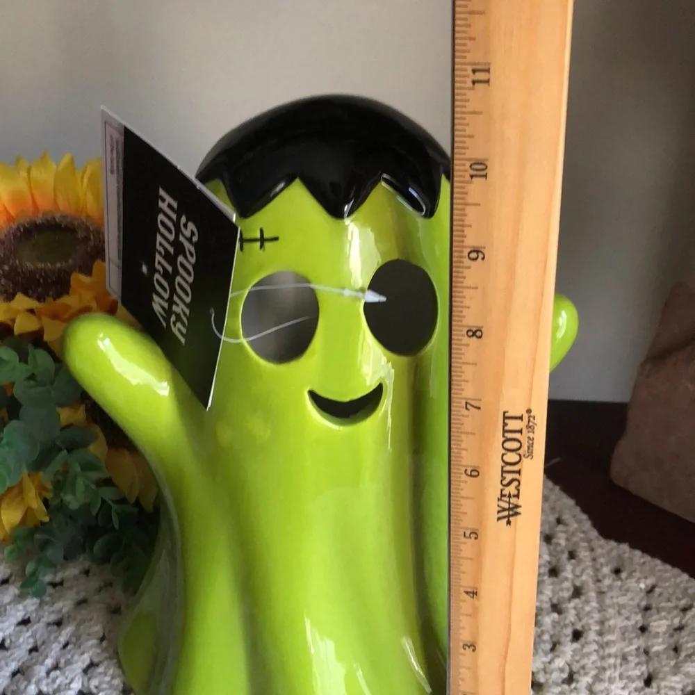 Green Ceramic Halloween Frankenstein Decoration - LED Lighted Decor
